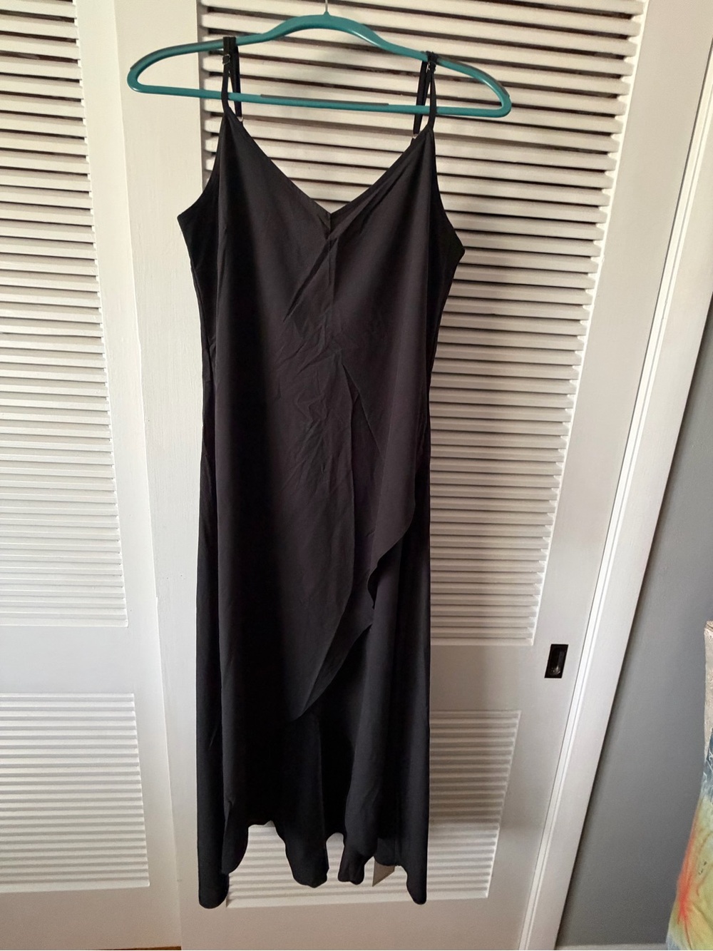 HALARA Black V-Neck Midi Slip Dress with Draped Front